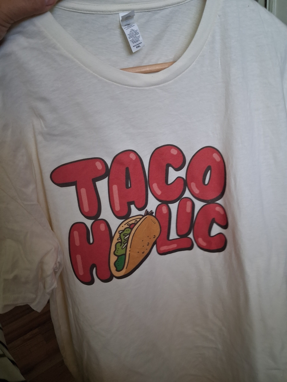 next White Tee with Red 'TACO HOLIC' Graphic and Yellow Taco